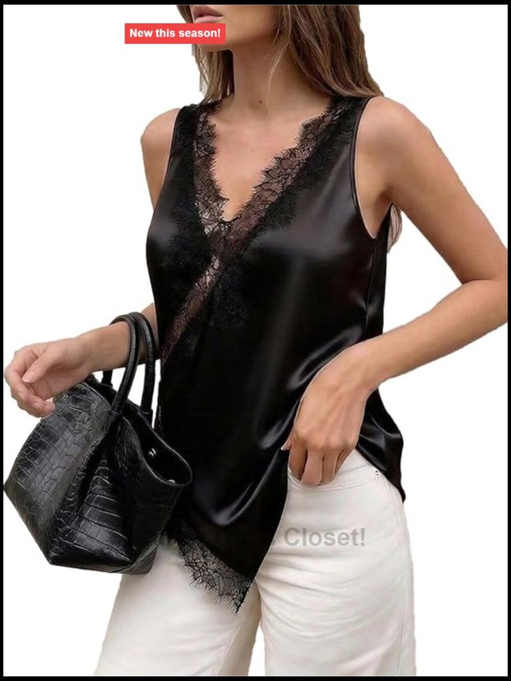 Silk Satin Lace Trim V-Neck Sleeveless Asymmetrical Tank Top